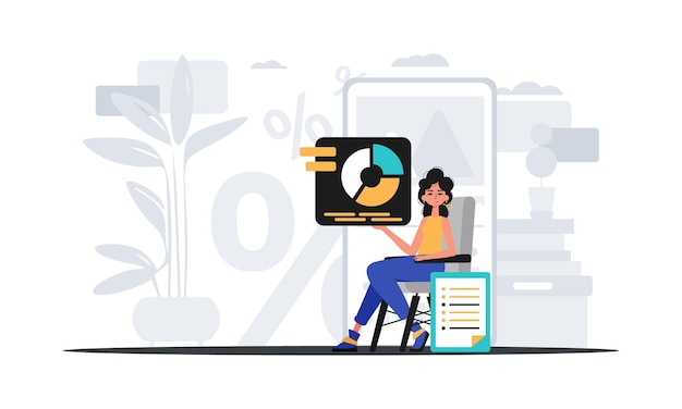 the female child sits in a president and holds a graph with statistic digital commercialize concept trendy style vector illustration