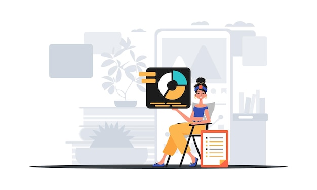 the female child sits in a president of the united states and holds a graph with statistic digital commercialize concept trendy style vector illustration