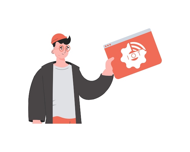 The guy holds the IoT logo in his hands Internet of things and automation concept Isolated Trendy flat style Vector illustration