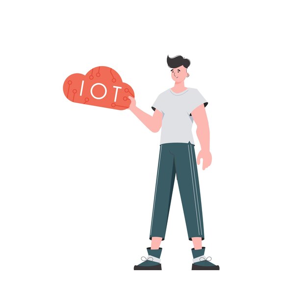 The guy holds the IoT logo in his hands Internet of things concept Isolated Vector illustration in flat style