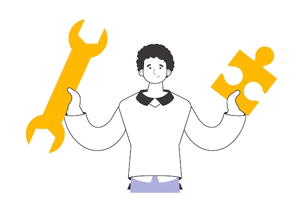 The guy is holding a wrench and a puzzle Teamwork theme Linear style Isolated Vector