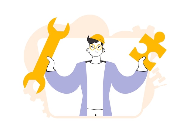 The guy is holding a wrench and a puzzle Teamwork theme Linear style