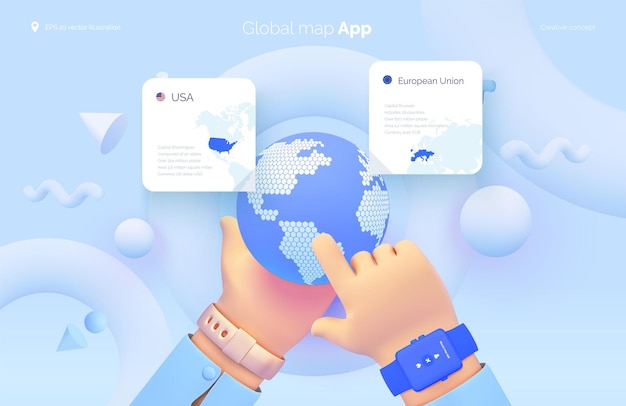 The hand selects a location on the map World map user interface