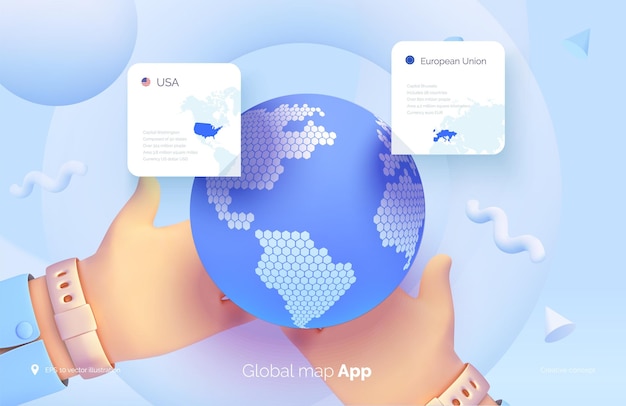 The hand selects a location on the map World map user interface