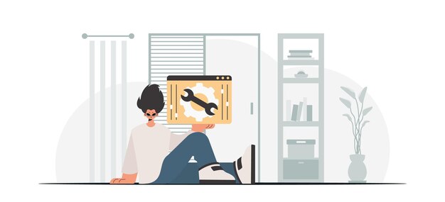 the individual is holding a browser window with gears seo and web examining subject trendy style vector illustration