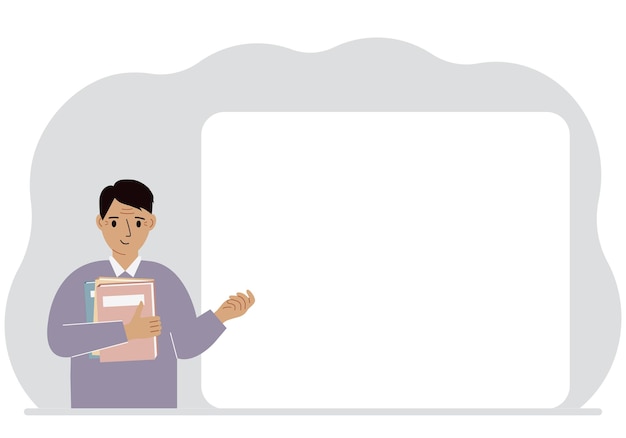 The man holds many books Nearby is a large white poster for your text