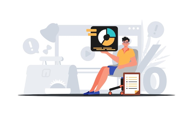 the man sits in a moderate and holds a chart with statistic digital marketplace concept trendy style vector illustration