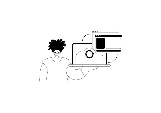 The Man with the browser that synchronizes the datum Cloud storehouse composition black and ashen touch artwork Trendy style Vector Illustration