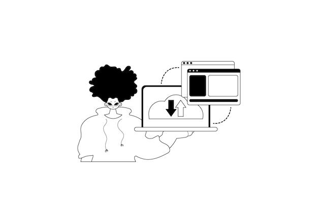 The Man with the browser that synchronizes the datum Cloud storehouse typography black and ashen touch artwork Trendy style Vector Illustration