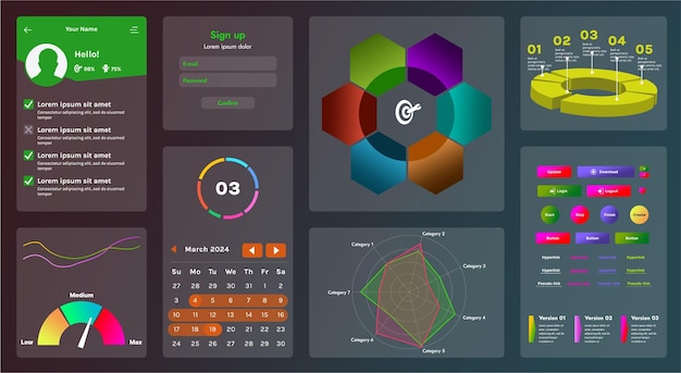 The picture shows the interface of a web application or site consisting of navigation elements buttons and various components Design includes menu search form icons and vector graphics