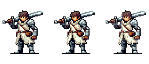 The pixel warrior stands confidently holding a large sword wearing armor and a white tunic with a brown belt and bag