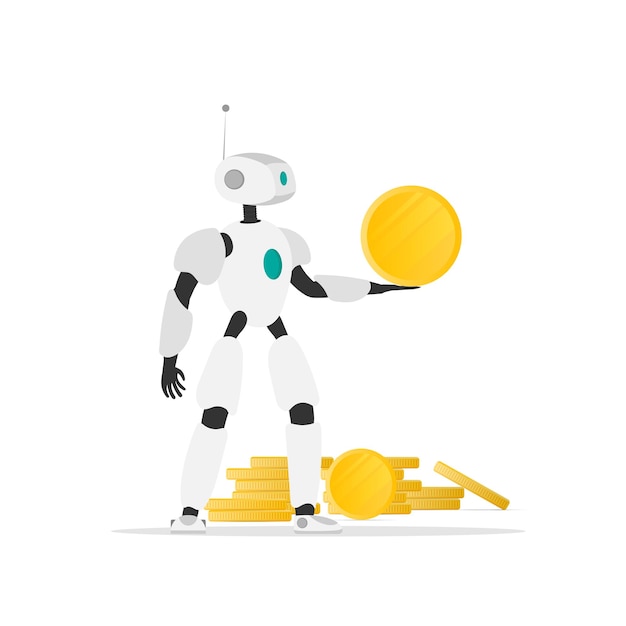 The robot is holding a gold coin. Gola of gold coins. The concept of mining, passive income, earnings in the future. Isolated. Vector.