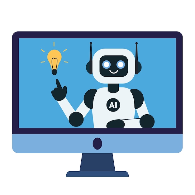 The robot on the computer monitor screen pointing to the light bulb