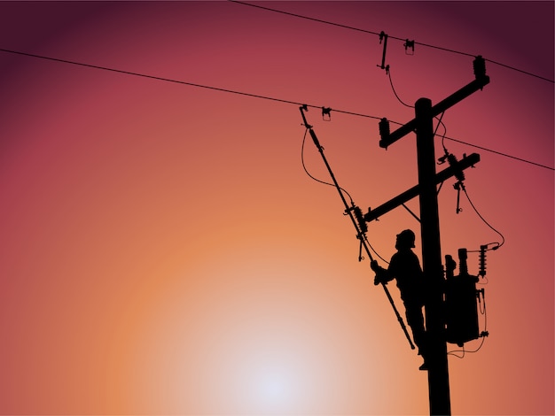 The silhouette of power lineman use clamp stick grip all type to handle hotline clamps. To be attached to insulate hanger. Wait to install the transformers into the distribution system.