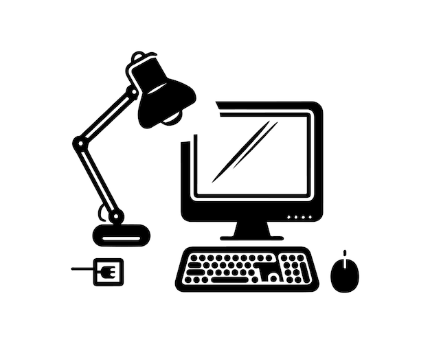 the table with the computer and lamp symbol is on a white background
