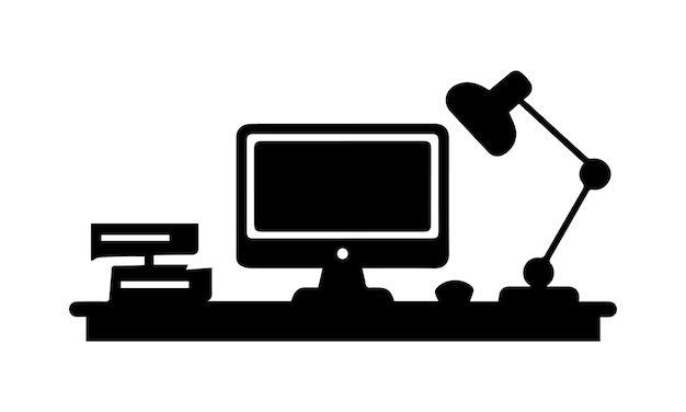 the table with the computer and lamp symbol is on a white background