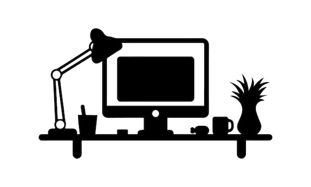 the table with the computer and lamp symbol is on a white background