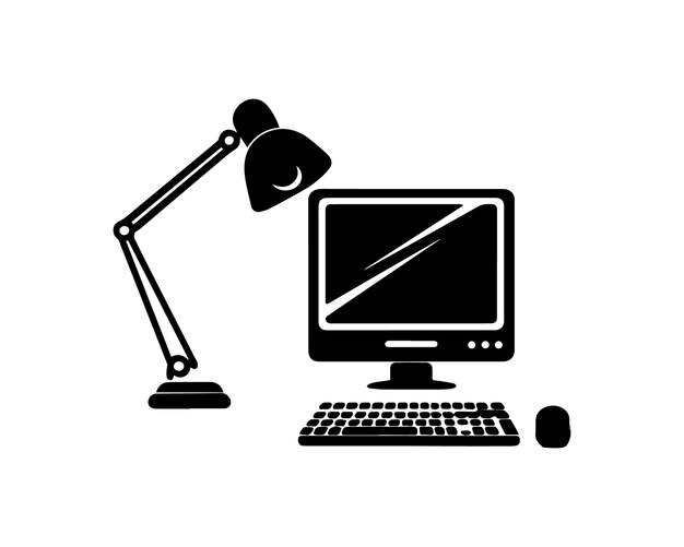 the table with the computer and lamp symbol is on a white background