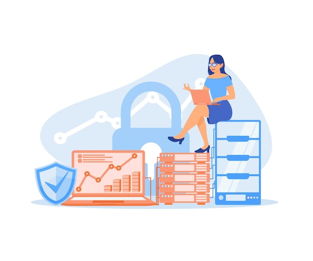 the woman saves data in the database server with database security database concept flat vector illustration