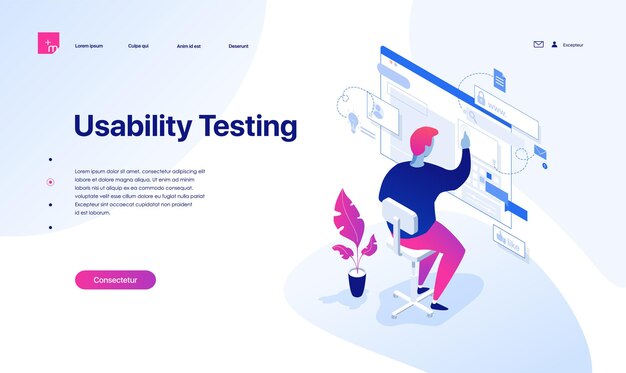 The young man is testing the interface and usability of the website. Isometric illustration