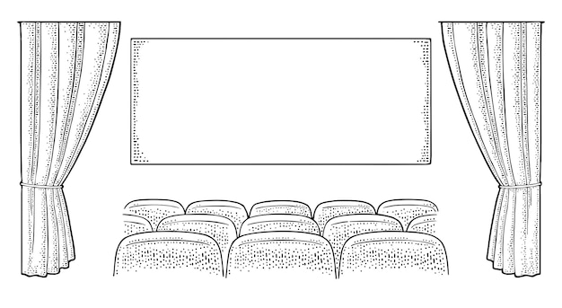 theater hall with curtain screen and row of seats vector engraving vintage black illustration isolated on white background hand drawn design element for poster