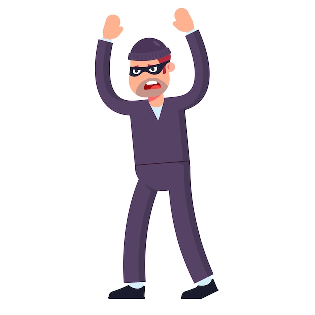 thief surrenders raises his hands up. captured at the crime scene. flat 