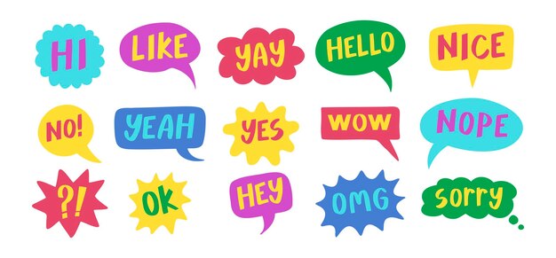 thought bubbles handwritten words expressions comic chat stickers collection speech clouds set funky typography design element retro style messages like yes no wow and ok