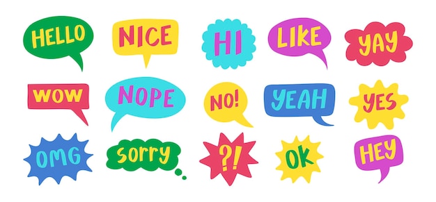 thought bubbles handwritten words expressions comic chat stickers collection speech clouds set funky typography design element retro style messages like yes no wow and ok