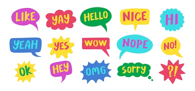 Thought bubbles handwritten words expressions comic chat stickers collection speech clouds set funky