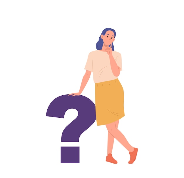 Thoughtful doubt woman cartoon character thinking standing near huge question mark symbol vector illustration on white background Puzzled female searching problem solution asking help brainstorming