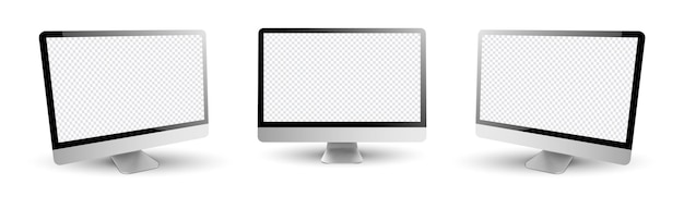 three computer monitors with blank white screen vector illustration mockup
