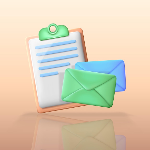 Three dimensional cartoon clipboard with paper sheet and envelopes 3d documentation