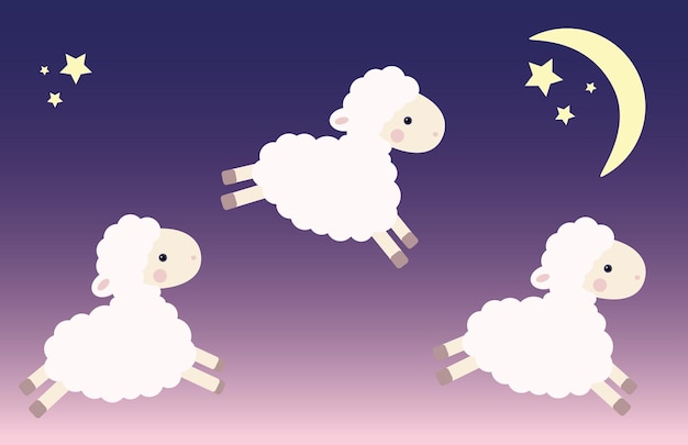 three jumping lambs in the night sky with stars and moon vector illustration