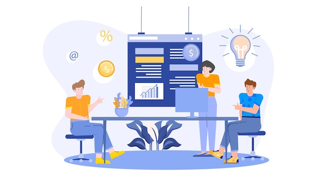 Three people in a business team are presenting about business idea and strategy