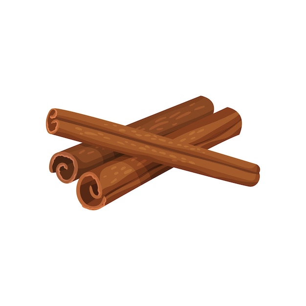 three rolled sticks of cinnamon isolated on white background aromatic spice condiment for dishes cooking theme graphic element for recipe book or product packaging detailed flat vector design