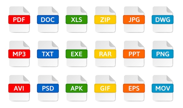 Tiedostotyyppikuvakkeet Pdf doc ja xls -dokumenttimuodot Zip ja jpg-tiedostopäätteet Mp3 txt exe rar ja gif