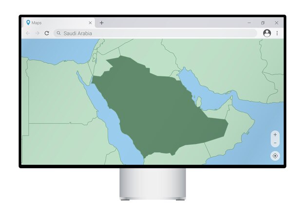 Tietokoneen näyttö, jossa on Saudi-Arabian kartta selaimen haussa Saudi-Arabian maa verkkokartoitusohjelmassa Vektorimalli