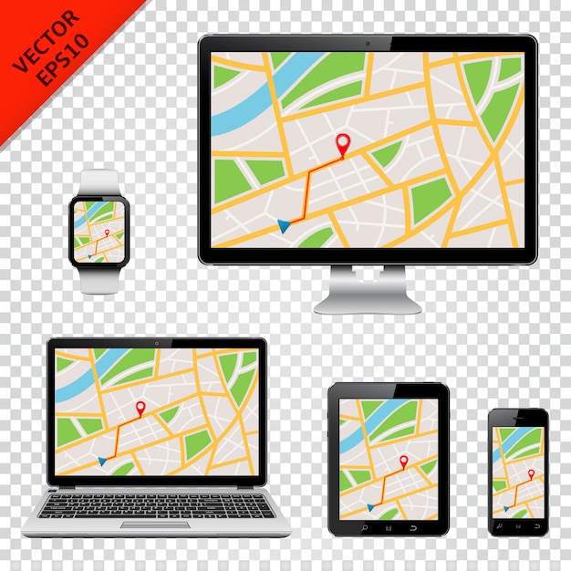 Tietokoneen näyttö, kannettava tietokone, tabletti, PC, matkapuhelin ja älykello, jossa on GPS-kartta näytöllä