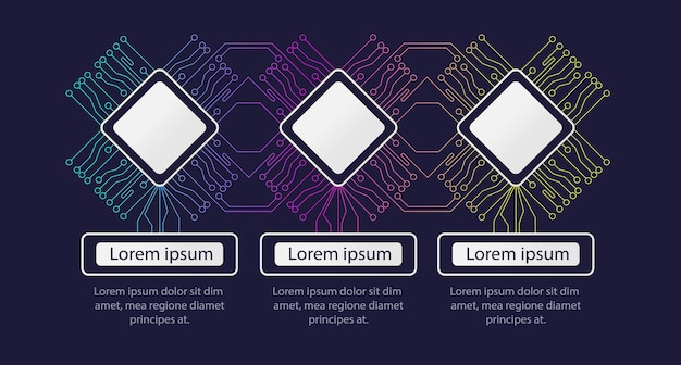 Tietokonelaitteiston infografiikkakaavion suunnittelumalli. Abstrakti infokaavio, jossa on tilaa tekstille. Opetusgrafiikka kolmella vaiheella. Visuaalinen tiedon esitys. Käytetty Myriad Pro-Regular -fonttia