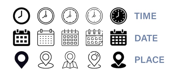 Time date and location icons in different shapes