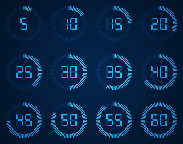 Timer icon set with digital numbers isolated on white background
