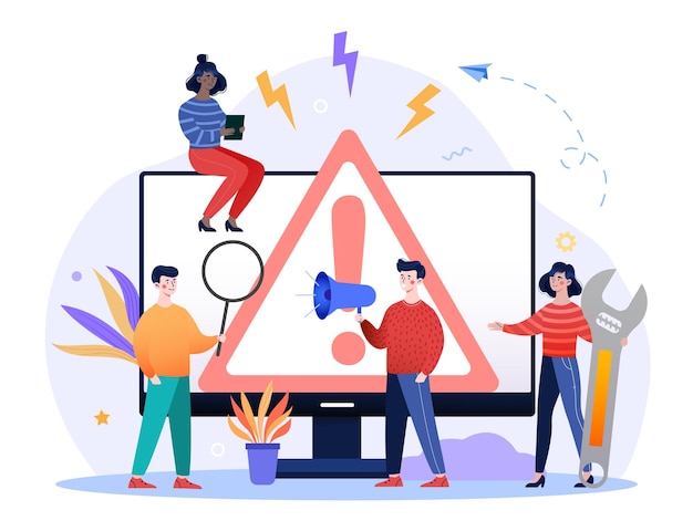 Tiny multiethnic people researching operating system error warning on web page error message on