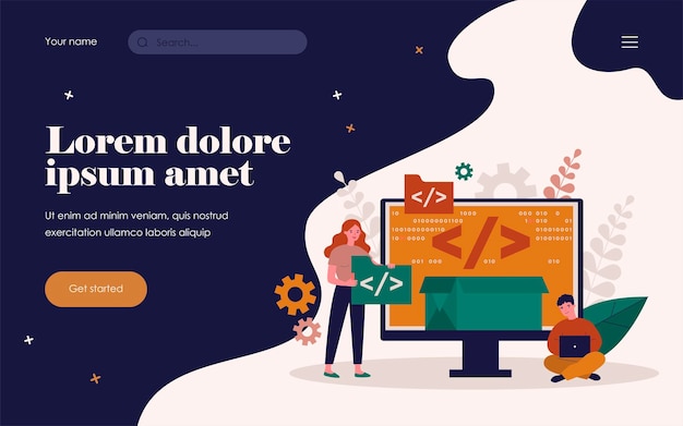 Tiny programmers programming website for internet platform flat vector illustration. Cartoon developers creating open code or script. Software development and digital technology concept