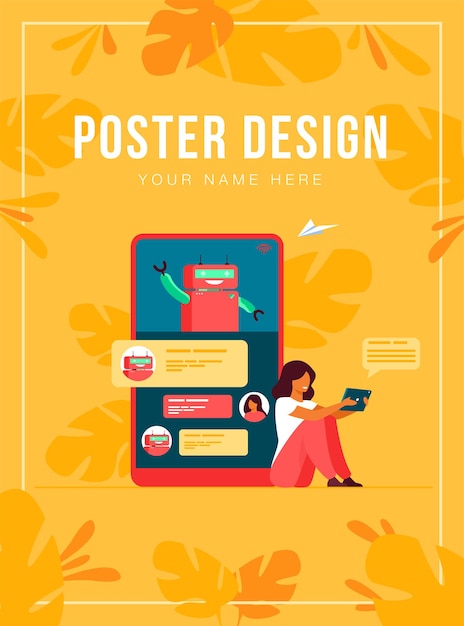 tiny woman using mobile assistant with chatbot isolated flat  illustration. modern customer support online. conversation and digital technology concept