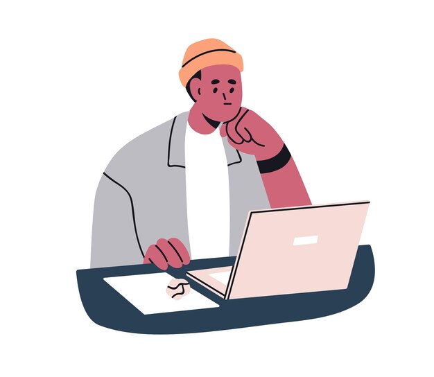 Tired frustrated employee at laptop Fatique sad bored confused worker at computer Apathy disinterest frustration at work workplace Flat vector illustration isolated on white background