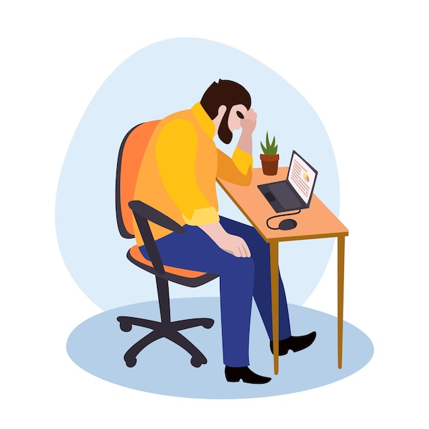 Tired male manager in office sad boring sitting with head