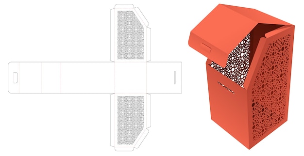 Top chamfered box with stenciled pattern die cut template and 3D mockup