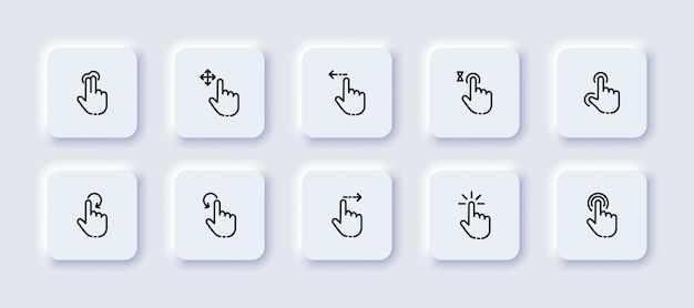 Touch gestures set icon Control panel tap with two fingers swipe scroll waiting loading press push power button screen Technology concept Neomorphism style Vector line icon for Business
