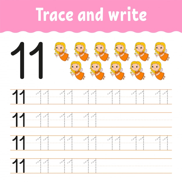 Trace and write. Number 11. Handwriting practice. Learning numbers for kids.