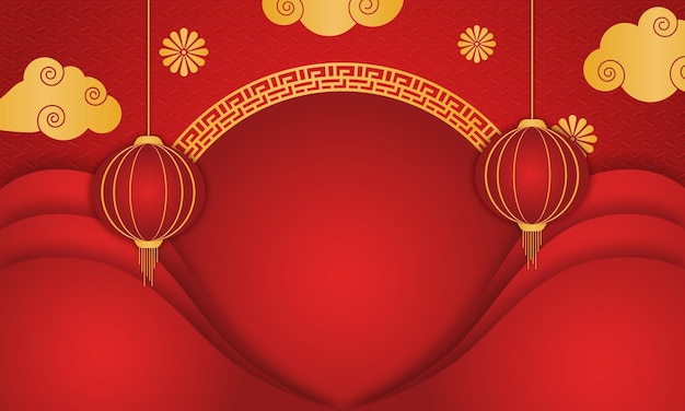 traditional chinese greeting with lanterns and red background editable vector